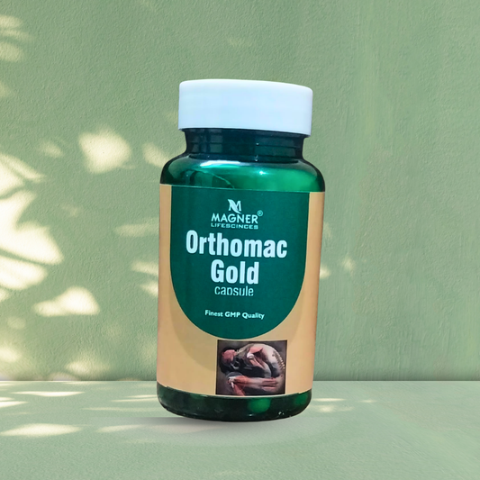 Bottle of Orthomac Gold capsules with a green label on a light green background