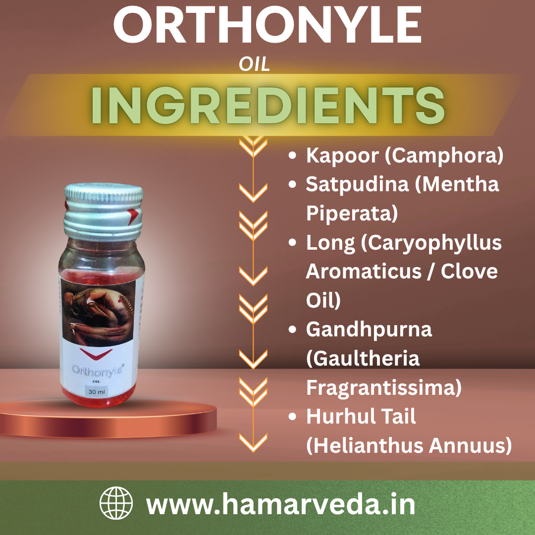 Orthonyle oil bottle with ingredients listed on a brown background