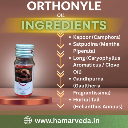 Orthonyle oil bottle with ingredients listed on a brown background