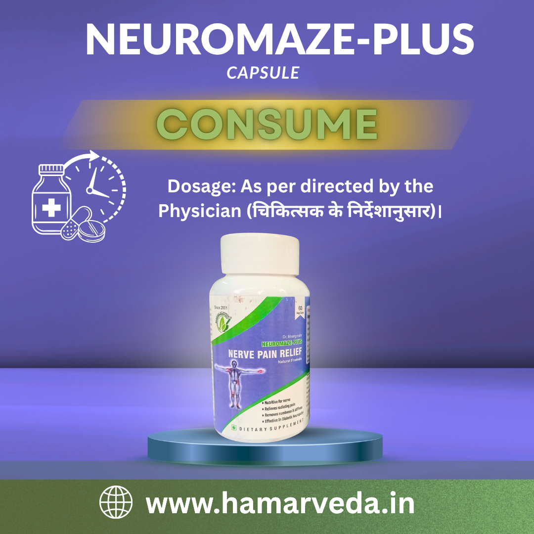 Neuromaze-Plus capsule bottle with dosage instructions on a blue background