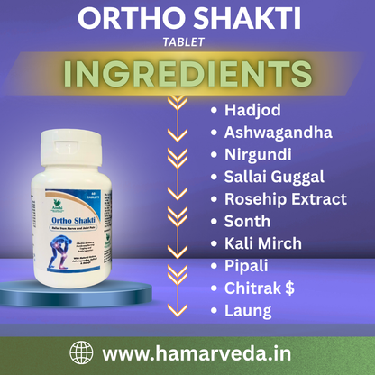 Ortho Shakti tablet with list of ingredients on a purple background