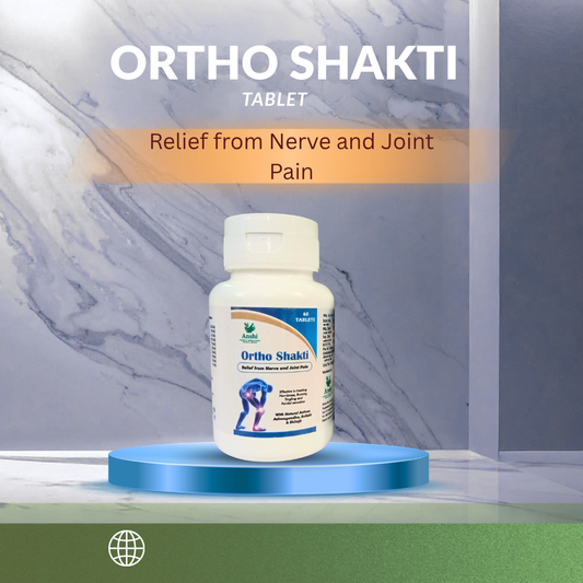 Ortho Shakti tablet bottle on a blue platform with a gray marble background