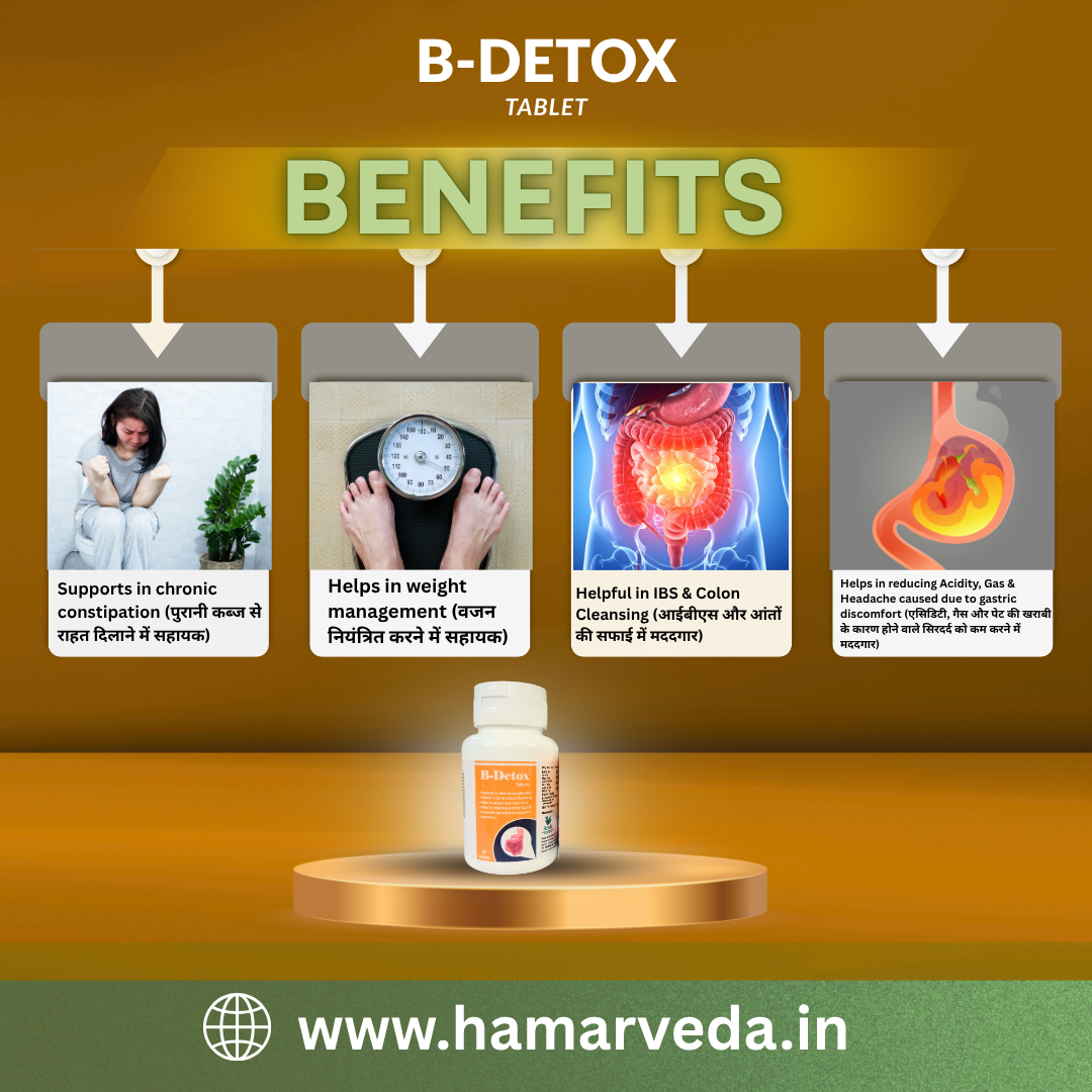 Advertisement for B-Detox tablet benefits with images and text on a brown background.