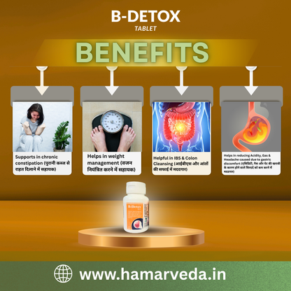 Advertisement for B-Detox tablet benefits with images and text on a brown background.