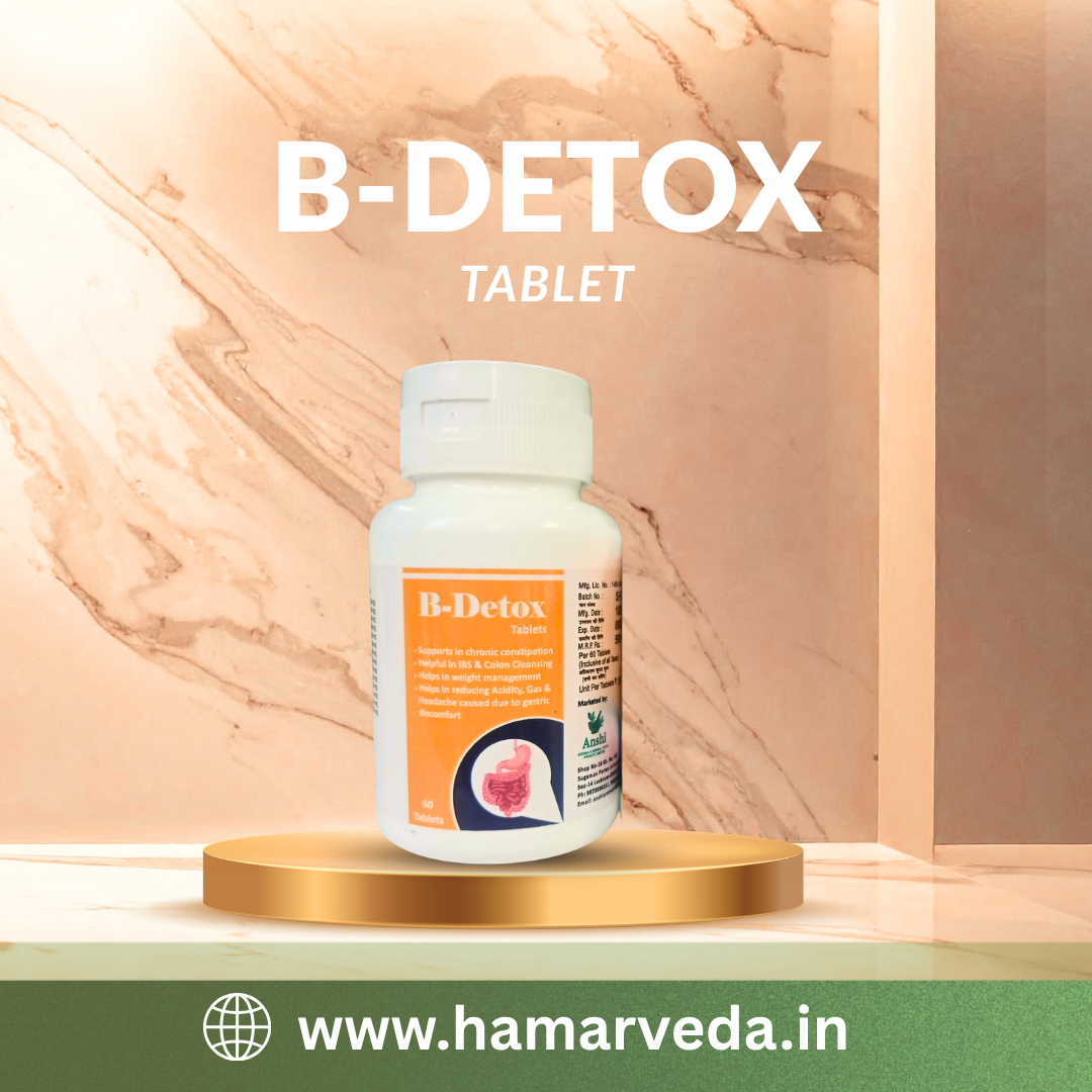 B-Detox tablet bottle displayed on a beautiful marble and gold platform with a warm background.