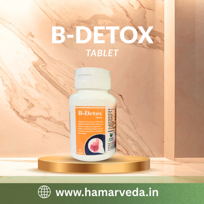 B-Detox tablet bottle displayed on a beautiful marble and gold platform with a warm background.