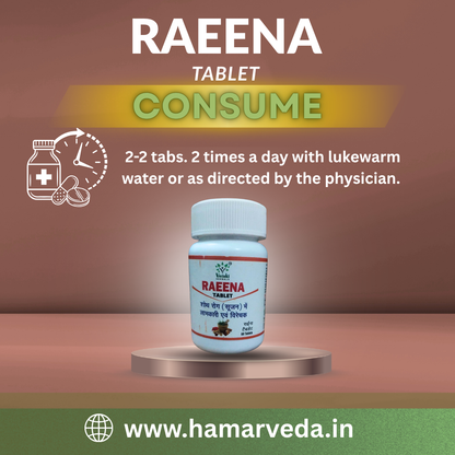 Raena tablet bottle with usage instructions on a brown background