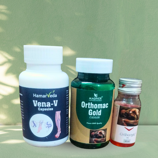 Hamarveda Nason ki Blockage & Dard Care Kit – Vena-V Capsules + Orthomac Gold + Orthonyle Oil | Nerve Blockage, Varicose Veins & Pain Relief