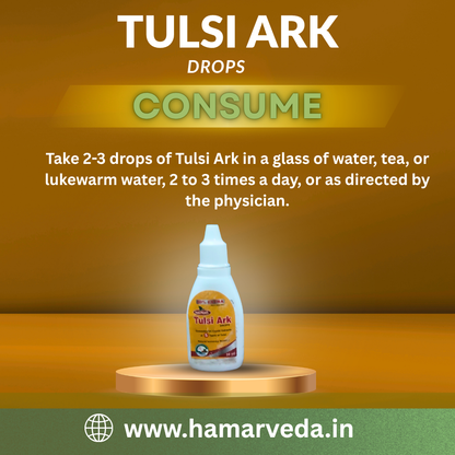 Tulsi Ark drops bottle with usage instructions on a brown background
