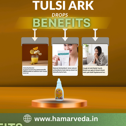 Advertisement for Tulsi Ark Drops with product and benefits on a brown background
