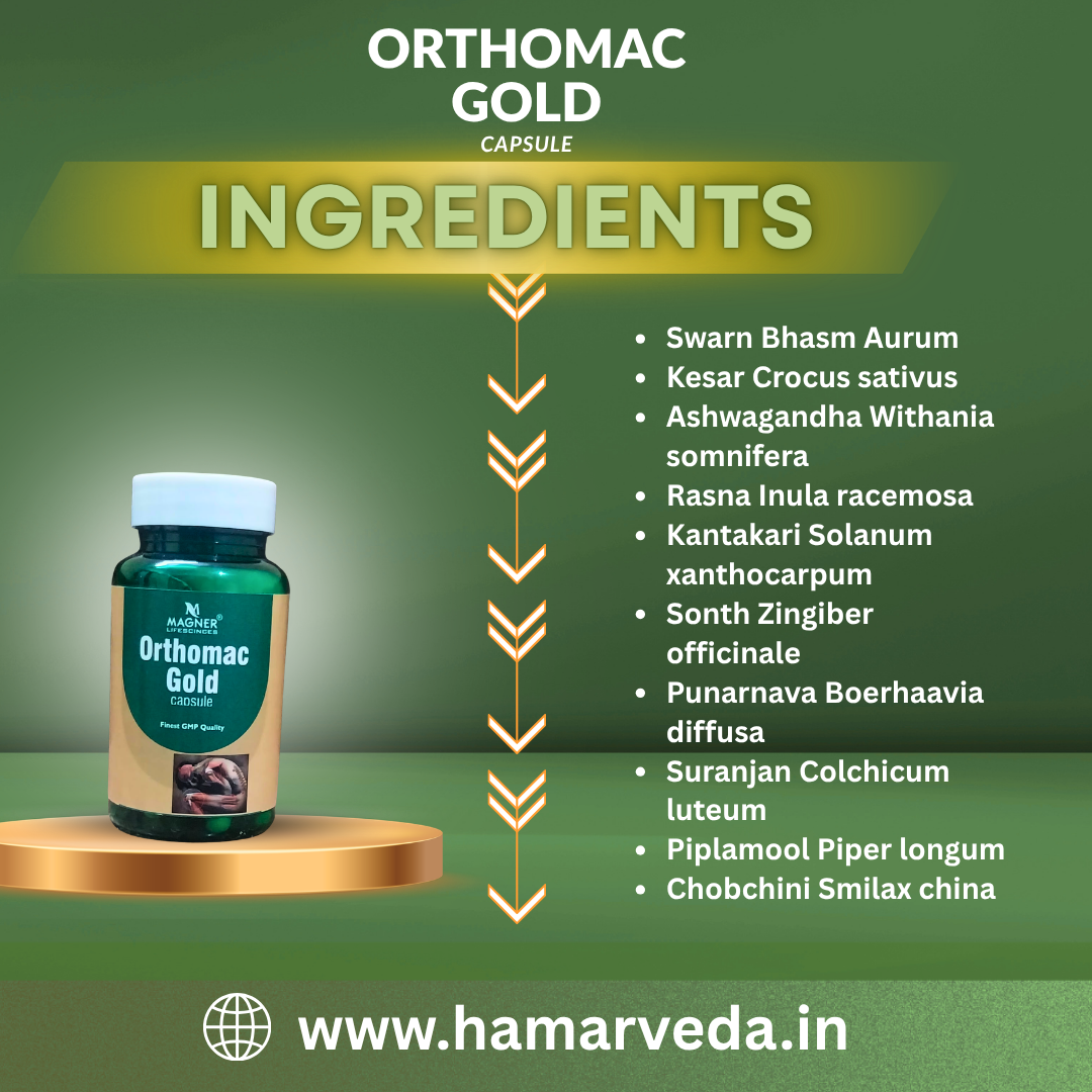 Ayurvedic ingredients in Orthomac Gold featuring Swarn Bhasm, Kesar, and Ashwagandha