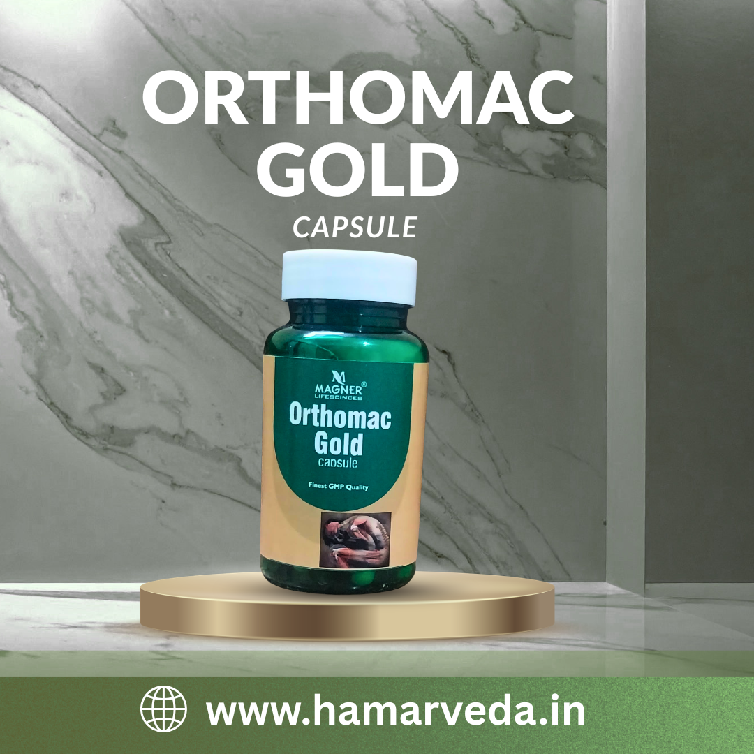 Orthomac Gold Capsules bottle by Hamarveda for joint pain relief