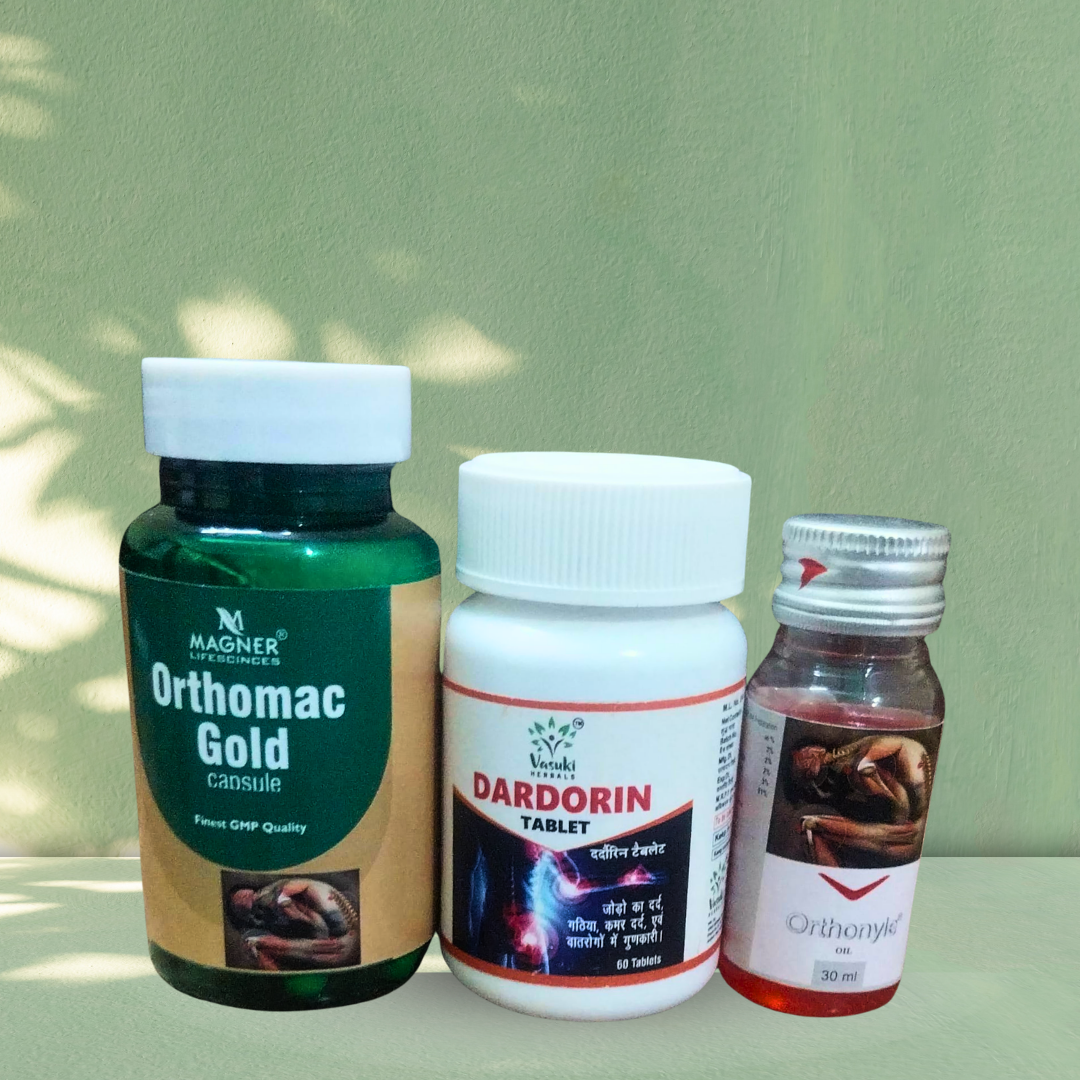 Three medical bottles labeled 'Orthomac Gold', 'Dardorin Tablet', and 'Orthomac' on a light green background.