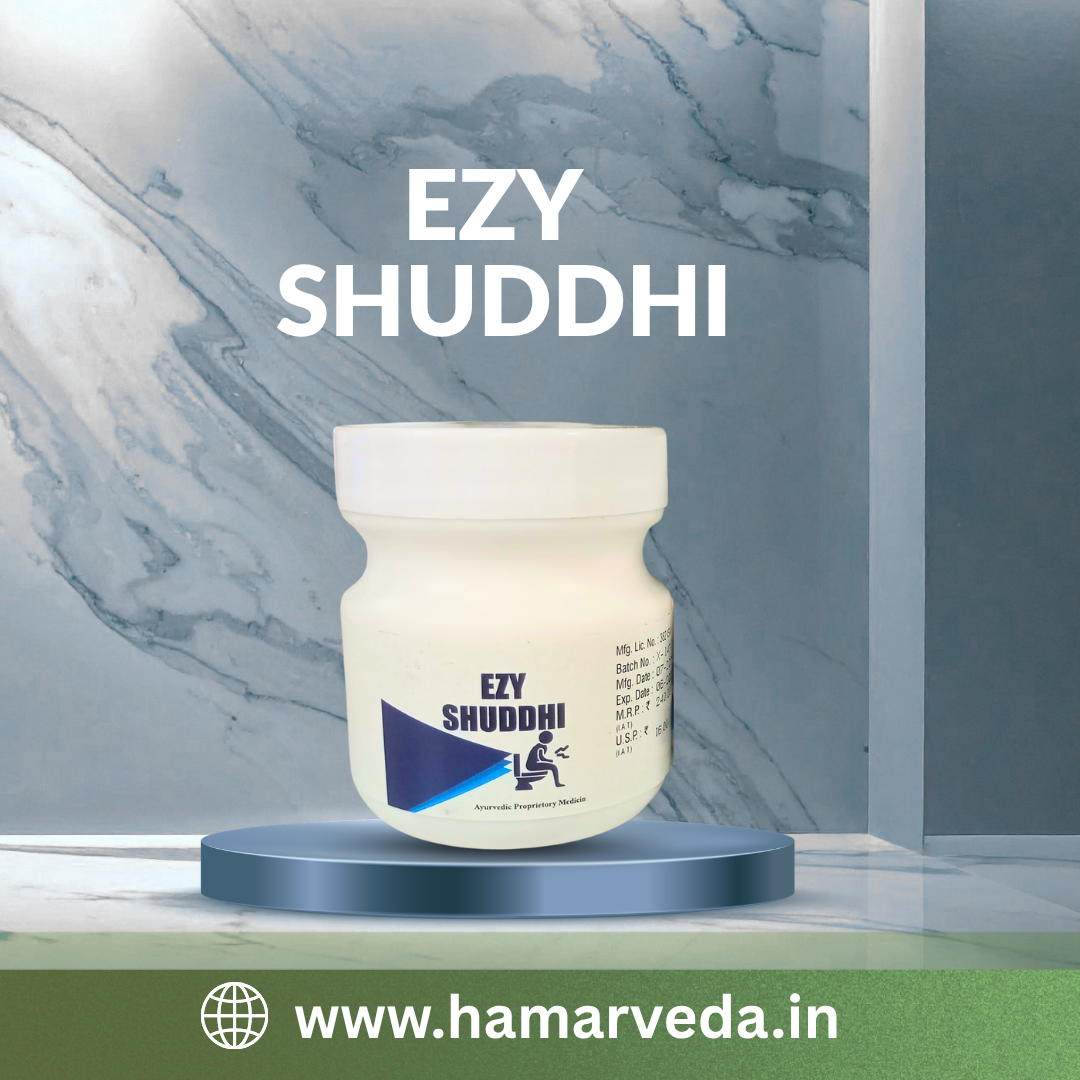 Jar of 'EZY SHUDDHI' on a blue platform with a marble background