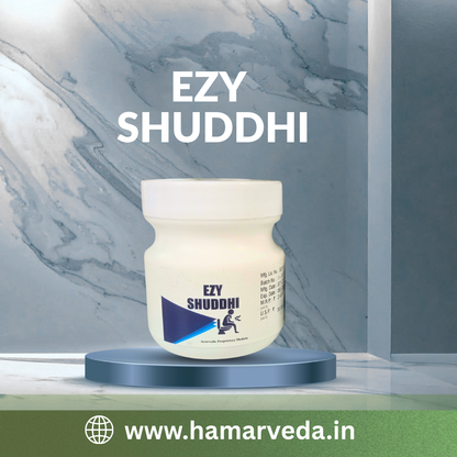 Jar of 'EZY SHUDDHI' on a blue platform with a marble background