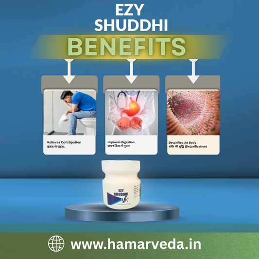 Ezy Shuddhi benefits with images and text on a blue background