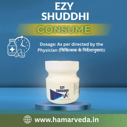 Ezy Shuddhi container with branding and website information on a blue background