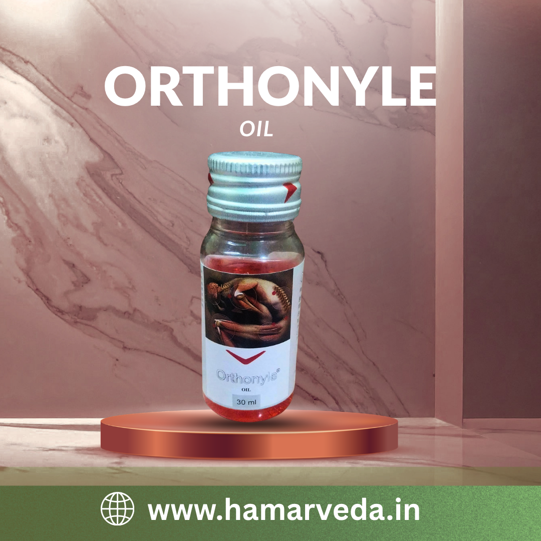 Bottle of Orthonyle oil on a brown platform with a marble background