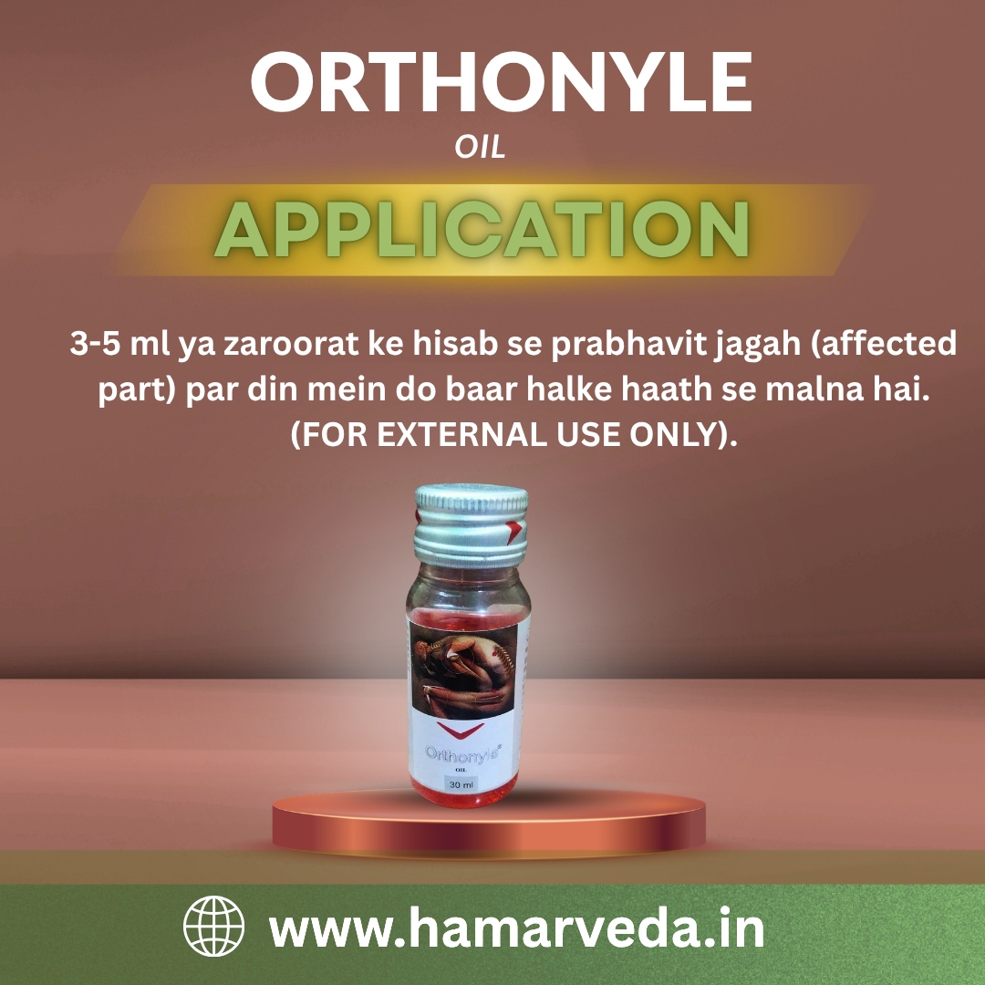 Bottle of Orthonyle oil on a brown platform with text about its application.