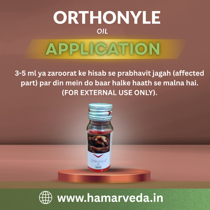 Bottle of Orthonyle oil on a brown platform with text about its application.