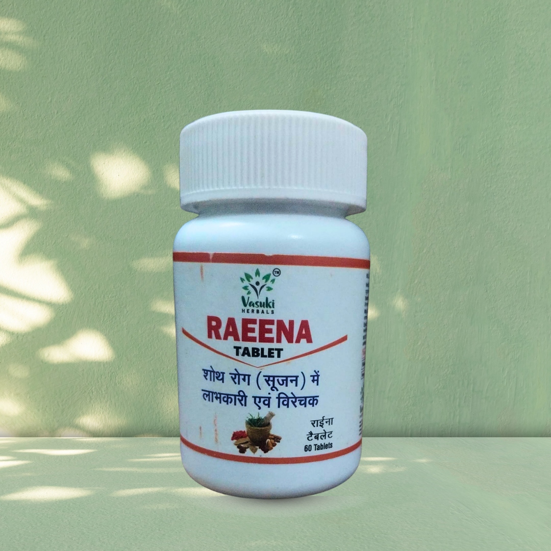 White bottle of Raena Tablet with red and black text on a light green background
