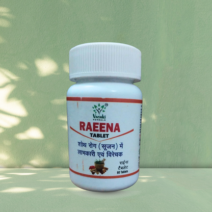 White bottle of Raena Tablet with red and black text on a light green background