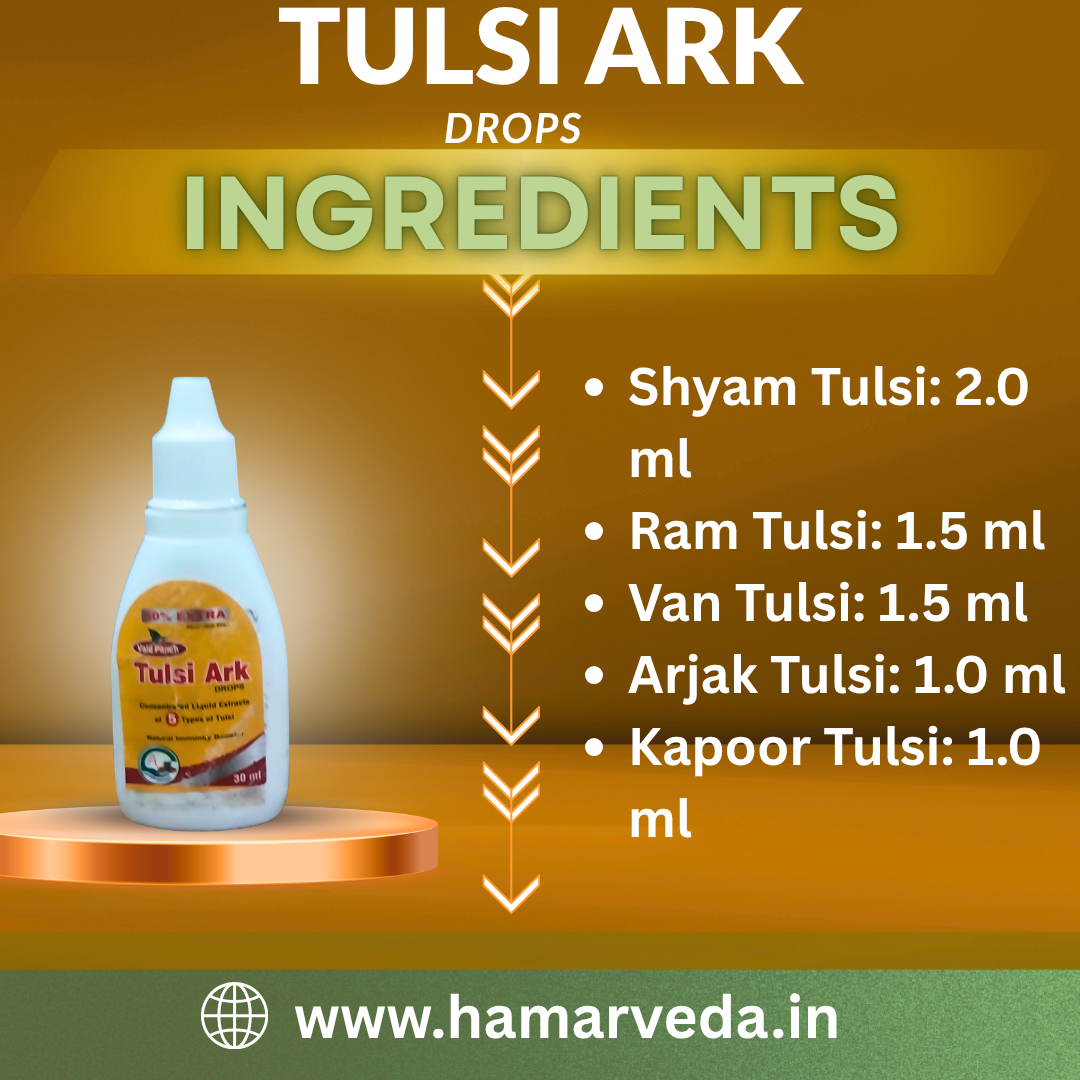 Tulsi Ark drops packaging with ingredients list on a brown background